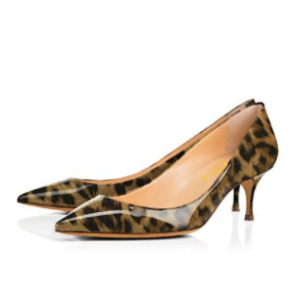 FSJ Leopard Print Heel Pointy Toe Kitten Heel Pump